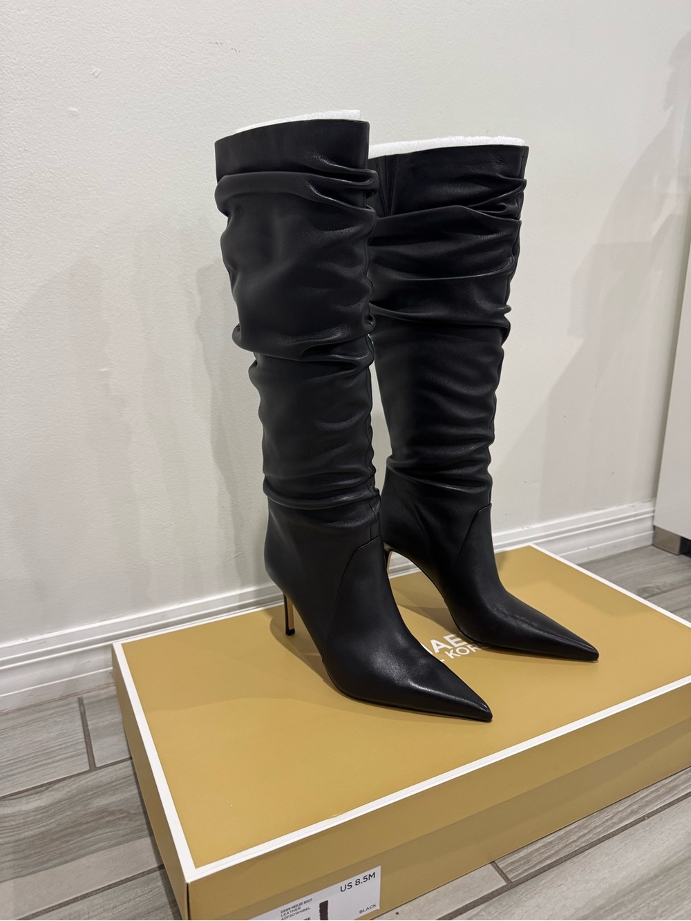 Michael Kors Black Slouchy Knee-High Pointed-Toe Stiletto Dawn Leather Boots